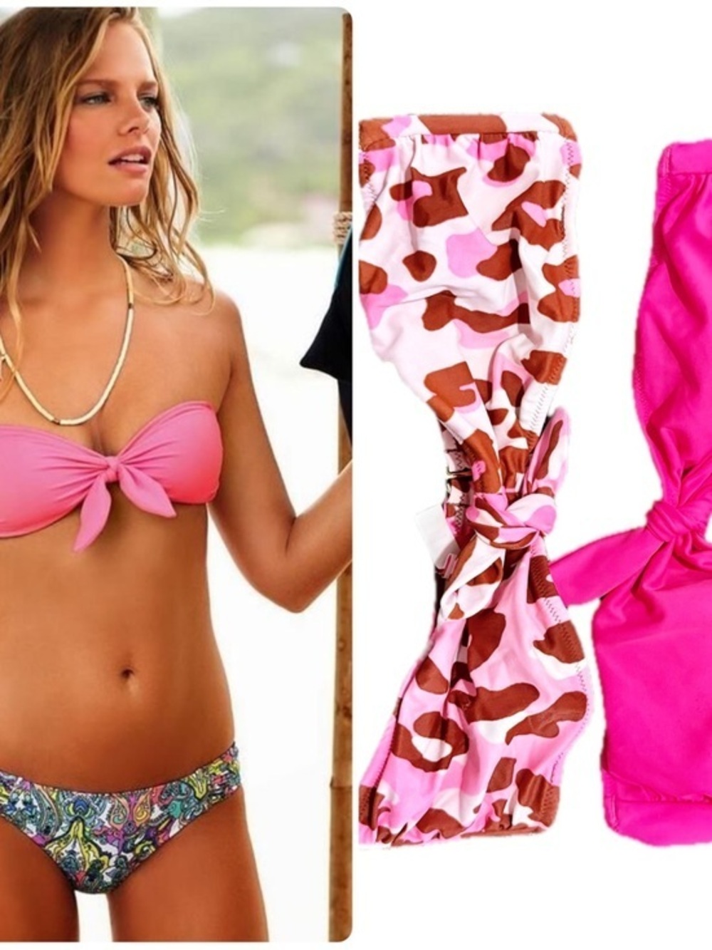 2 Victoria's Secret Tie-Front Bandeau Bikini Tops Pink & Pink multicolor Camo